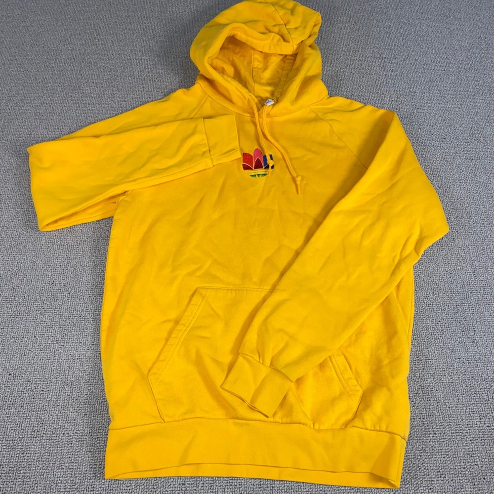 Adidas Hoodie Mens Small Yellow Trefoil Logo Long Sleeve Pullover Sweatshirt EUC